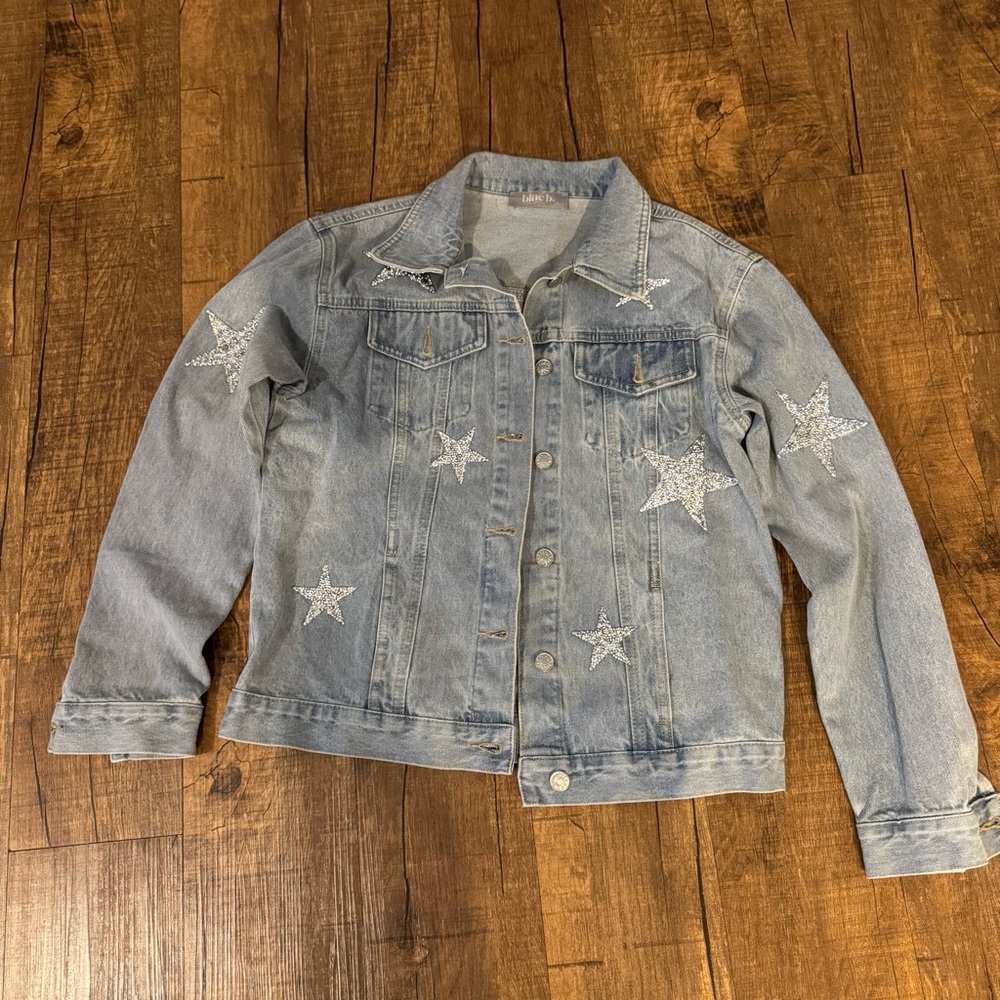 Women's Light Blue Denim Bomber Jacket with Star Accents